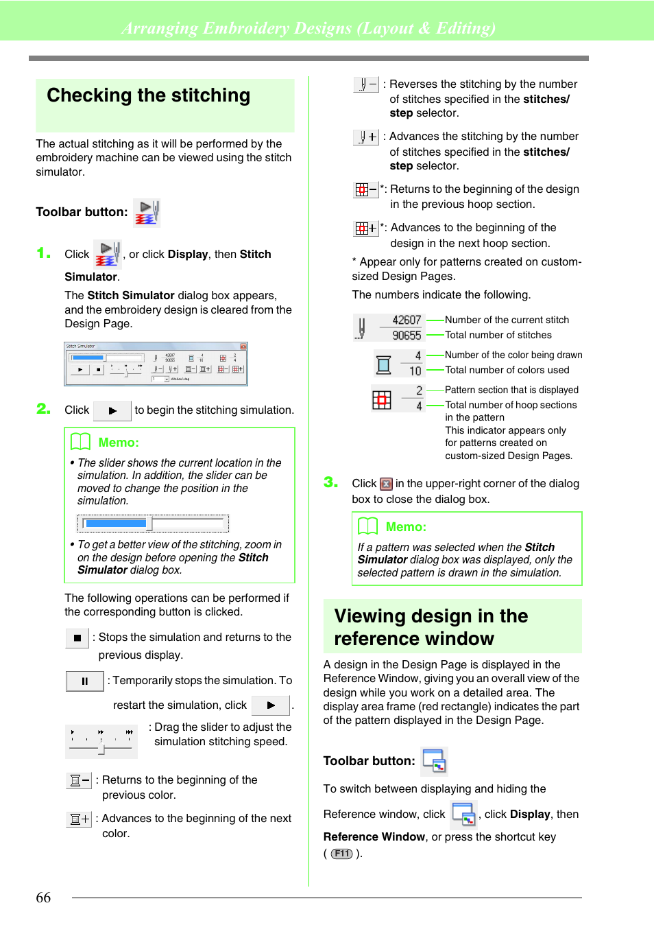 Checking the stitching, Viewing design in the reference window, Arranging embroidery designs (layout & editing) | Brother PE-DESIGN 8 User Manual | Page 68 / 269