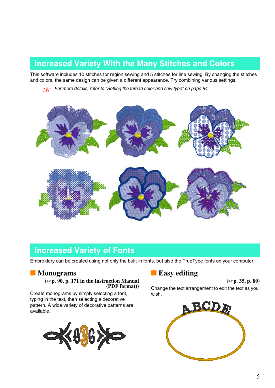 Increased variety of fonts, Monograms, Easy editing | Brother PE-DESIGN 8 User Manual | Page 7 / 269