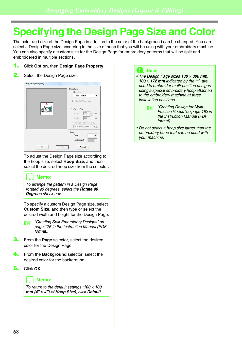 Specifying the design page size and color, Arranging embroidery designs (layout & editing) | Brother PE-DESIGN 8 User Manual | Page 70 / 269