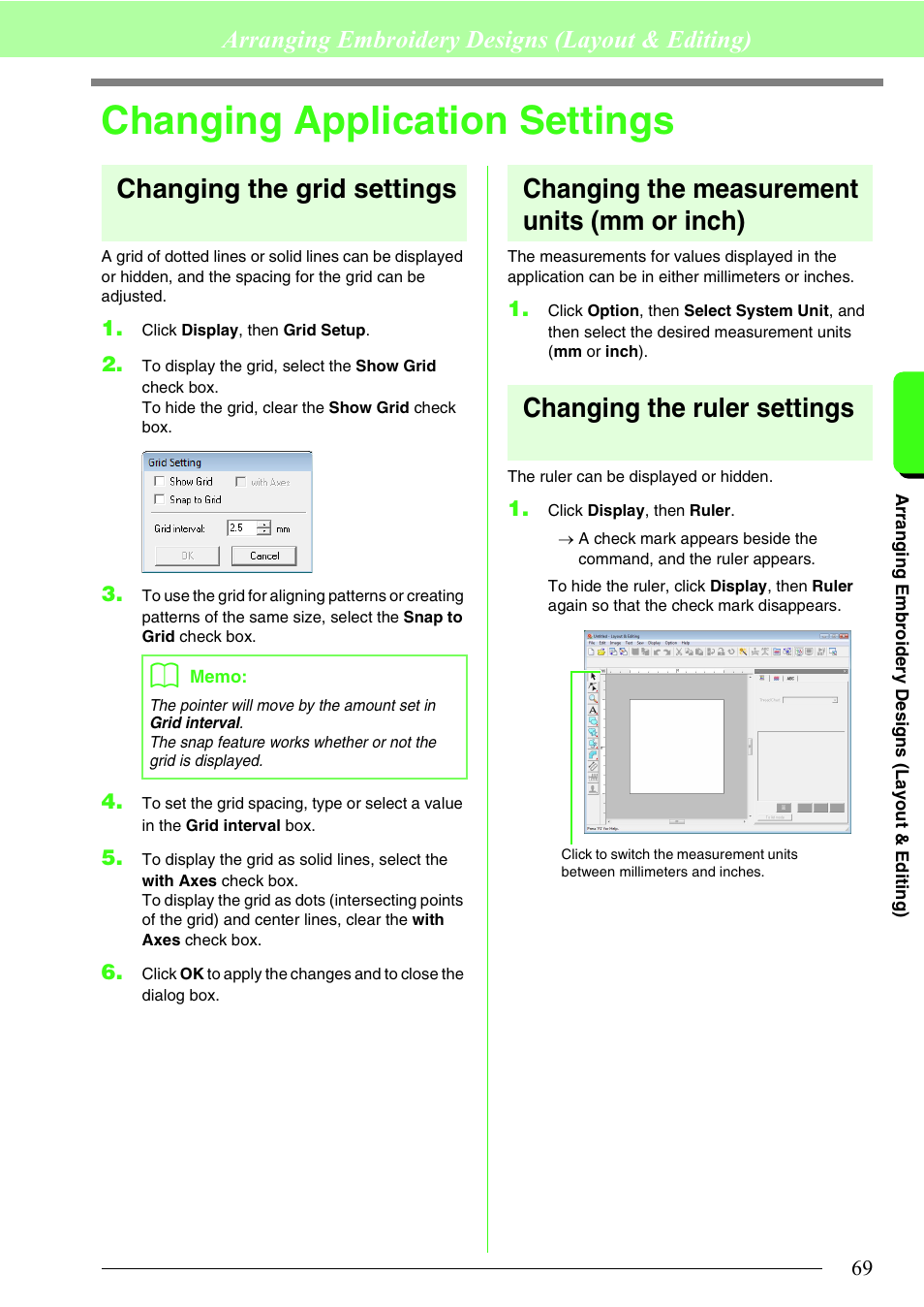 Changing application settings, Changing the grid settings, Changing the measurement units (mm or inch) | Changing the ruler settings, Arranging embroidery designs (layout & editing) | Brother PE-DESIGN 8 User Manual | Page 71 / 269