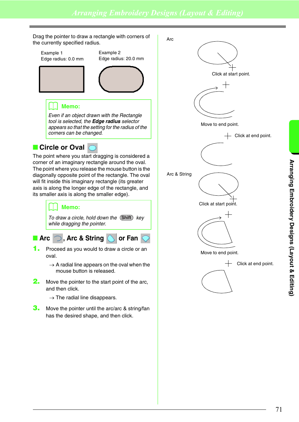 Arranging embroidery designs (layout & editing), Circle or oval, Arc , arc & string or fan 1 | Brother PE-DESIGN 8 User Manual | Page 73 / 269