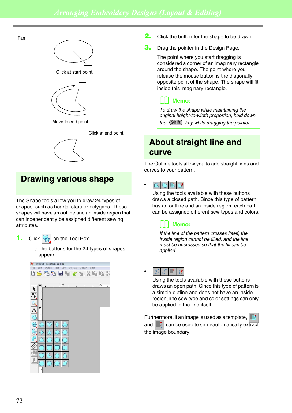 Drawing various shape, About straight line and curve, Arranging embroidery designs (layout & editing) | Brother PE-DESIGN 8 User Manual | Page 74 / 269