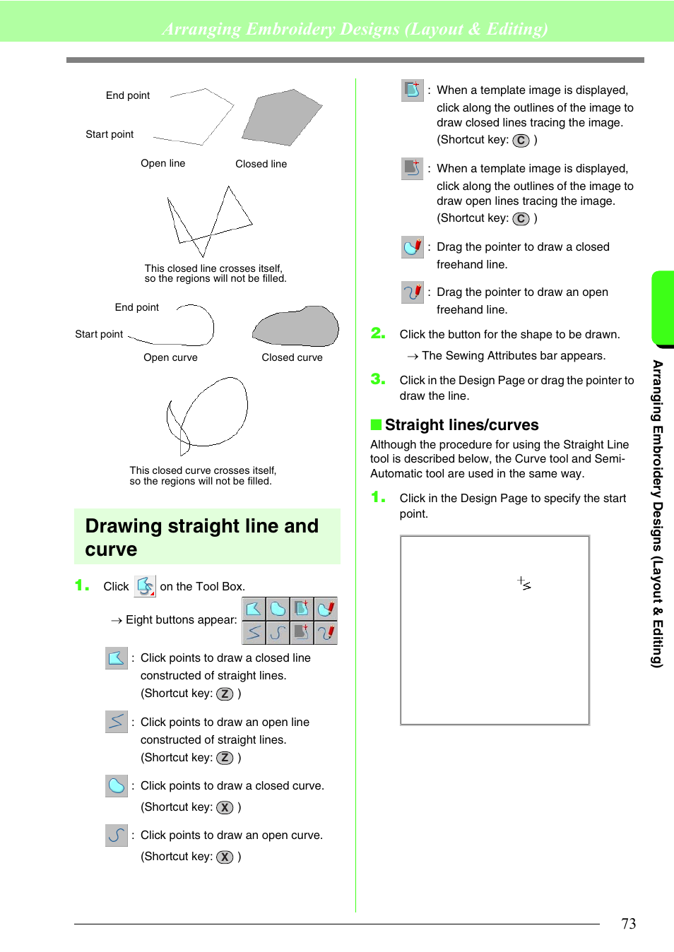 Drawing straight line and curve, Arranging embroidery designs (layout & editing), Straight lines/curves | Brother PE-DESIGN 8 User Manual | Page 75 / 269