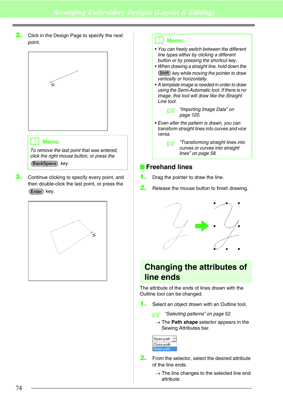 Changing the attributes of line ends, Arranging embroidery designs (layout & editing) | Brother PE-DESIGN 8 User Manual | Page 76 / 269