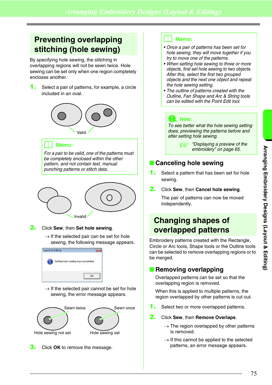 Preventing overlapping stitching (hole sewing), Changing shapes of overlapped patterns, Arranging embroidery designs (layout & editing) | Canceling hole sewing 1, Removing overlapping | Brother PE-DESIGN 8 User Manual | Page 77 / 269