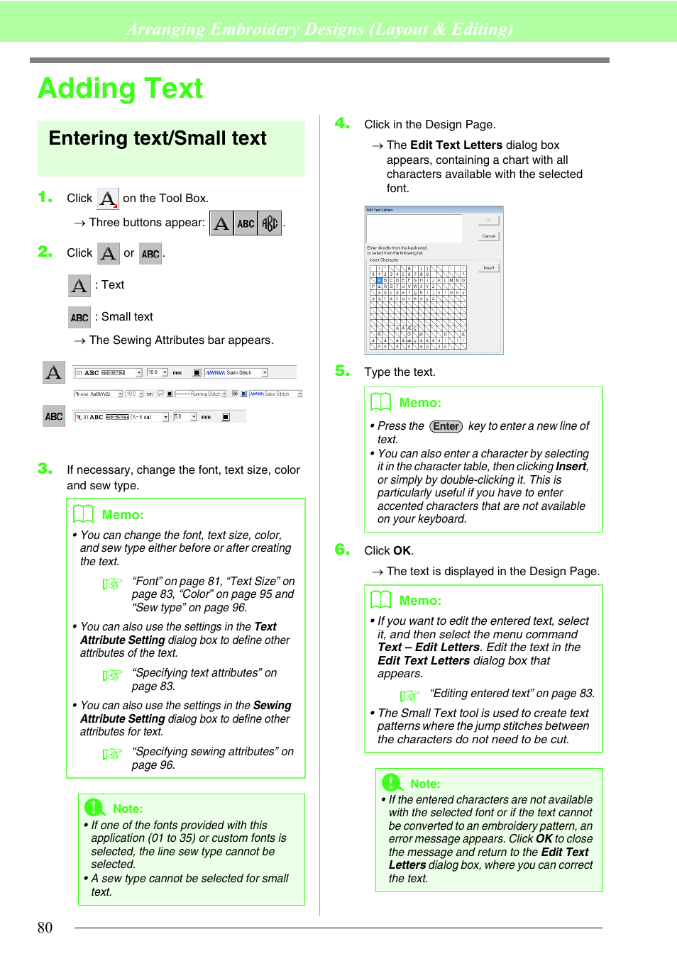 Adding text, P. 80, p, Entering text/small text | Arranging embroidery designs (layout & editing) | Brother PE-DESIGN 8 User Manual | Page 82 / 269