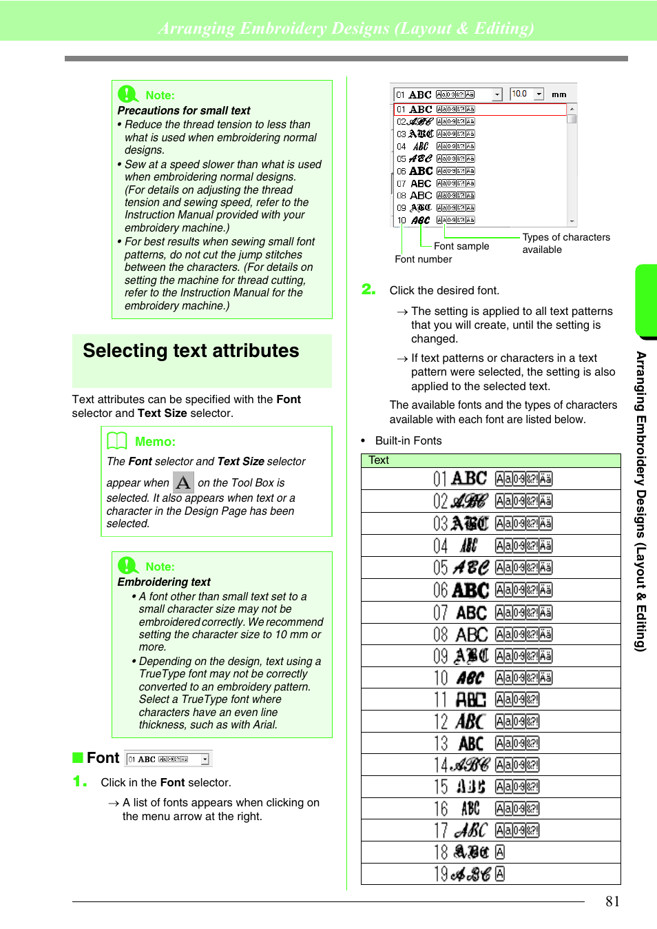 Selecting text attributes, Arranging embroidery designs (layout & editing), Font 1 | Brother PE-DESIGN 8 User Manual | Page 83 / 269