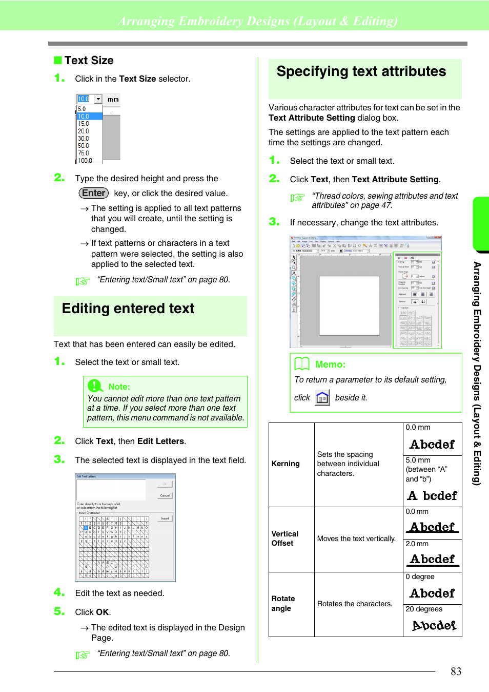 Editing entered text, Specifying text attributes, Arranging embroidery designs (layout & editing) | Text size 1 | Brother PE-DESIGN 8 User Manual | Page 85 / 269