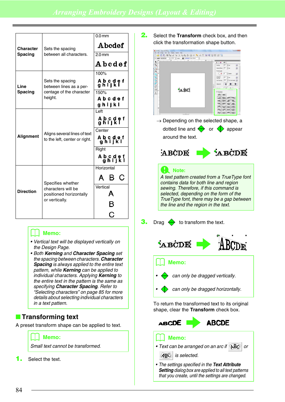 Arranging embroidery designs (layout & editing), Transforming text | Brother PE-DESIGN 8 User Manual | Page 86 / 269