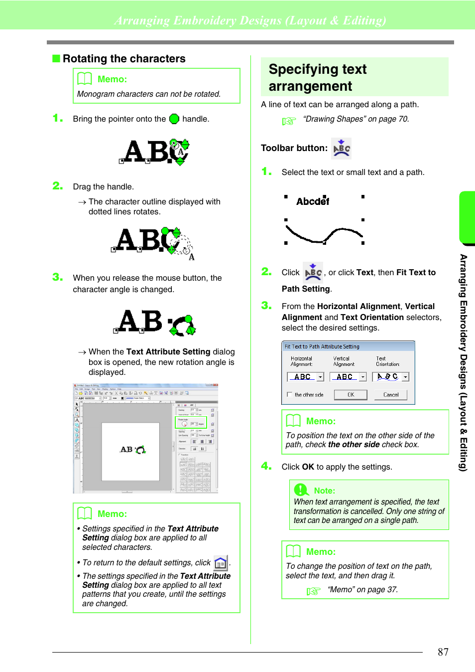 Specifying text arrangement, Arranging embroidery designs (layout & editing) | Brother PE-DESIGN 8 User Manual | Page 89 / 269