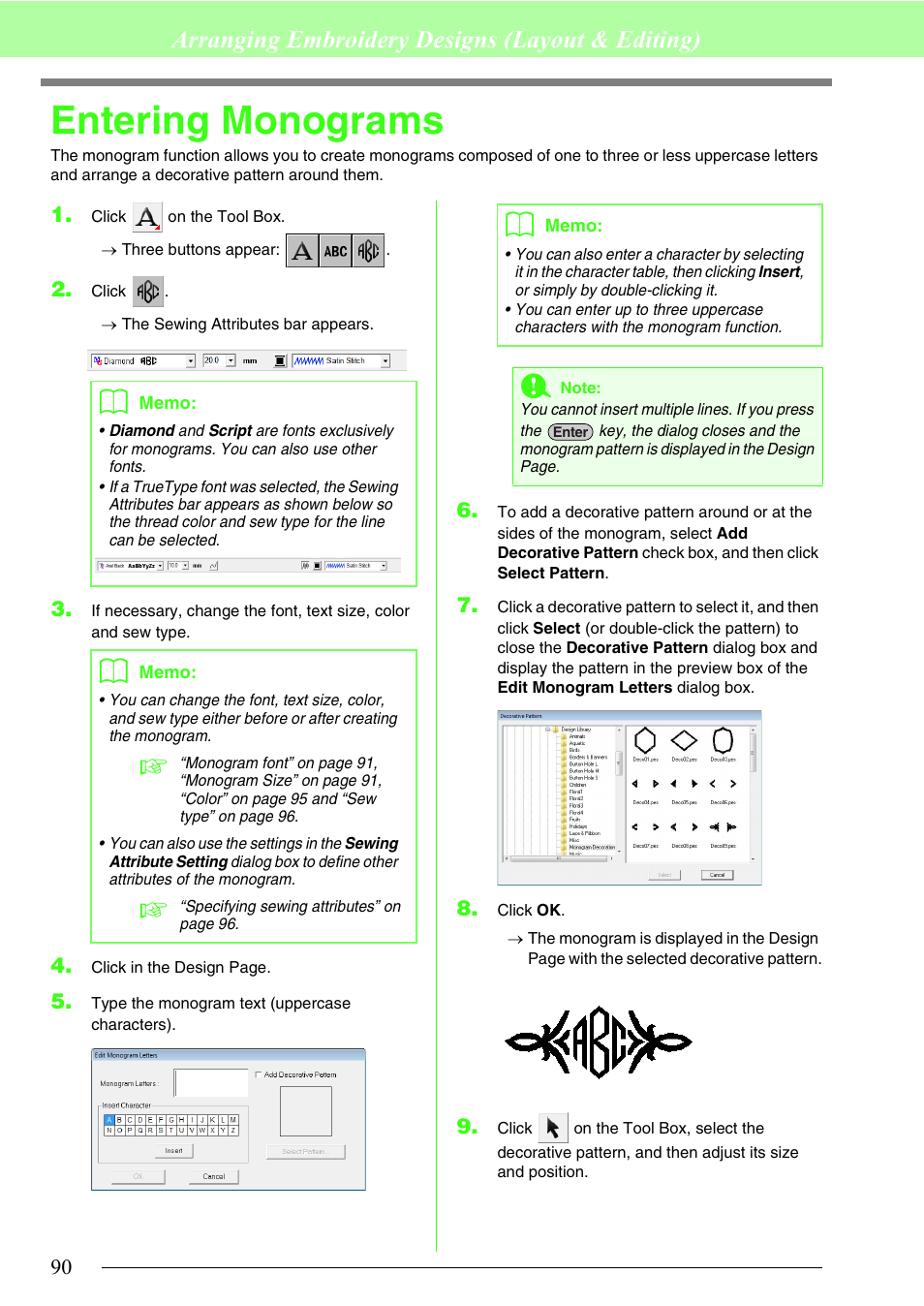 Entering monograms, 90 an, P. 90 | Arranging embroidery designs (layout & editing) | Brother PE-DESIGN 8 User Manual | Page 92 / 269