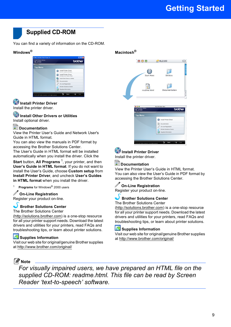 Supplied cd-rom, Windows, Macintosh | Getting started | Brother HL-2140 User Manual | Page 11 / 23