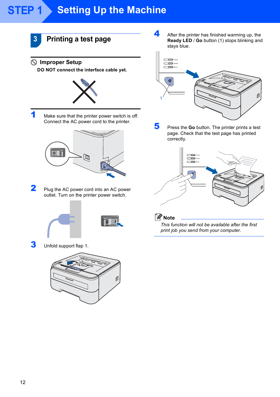 Step 1, Setting up the machine, 3printing a test page | Brother HL-2140 User Manual | Page 14 / 23
