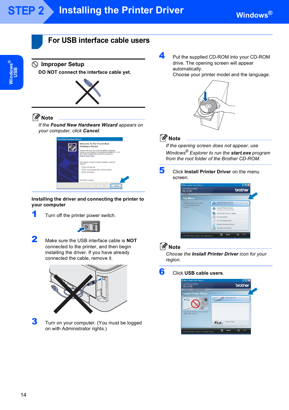 Installing the printer driver, For usb interface cable users, Step 2 | Windows, Improper setup | Brother HL-2140 User Manual | Page 16 / 23
