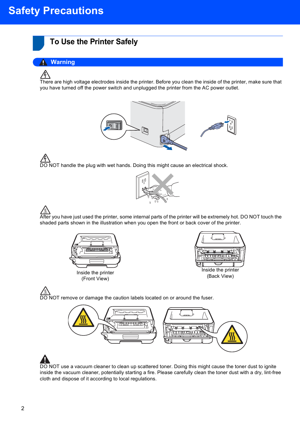 Safety precautions, To use the printer safely, Warning | Brother HL-2140 User Manual | Page 4 / 23