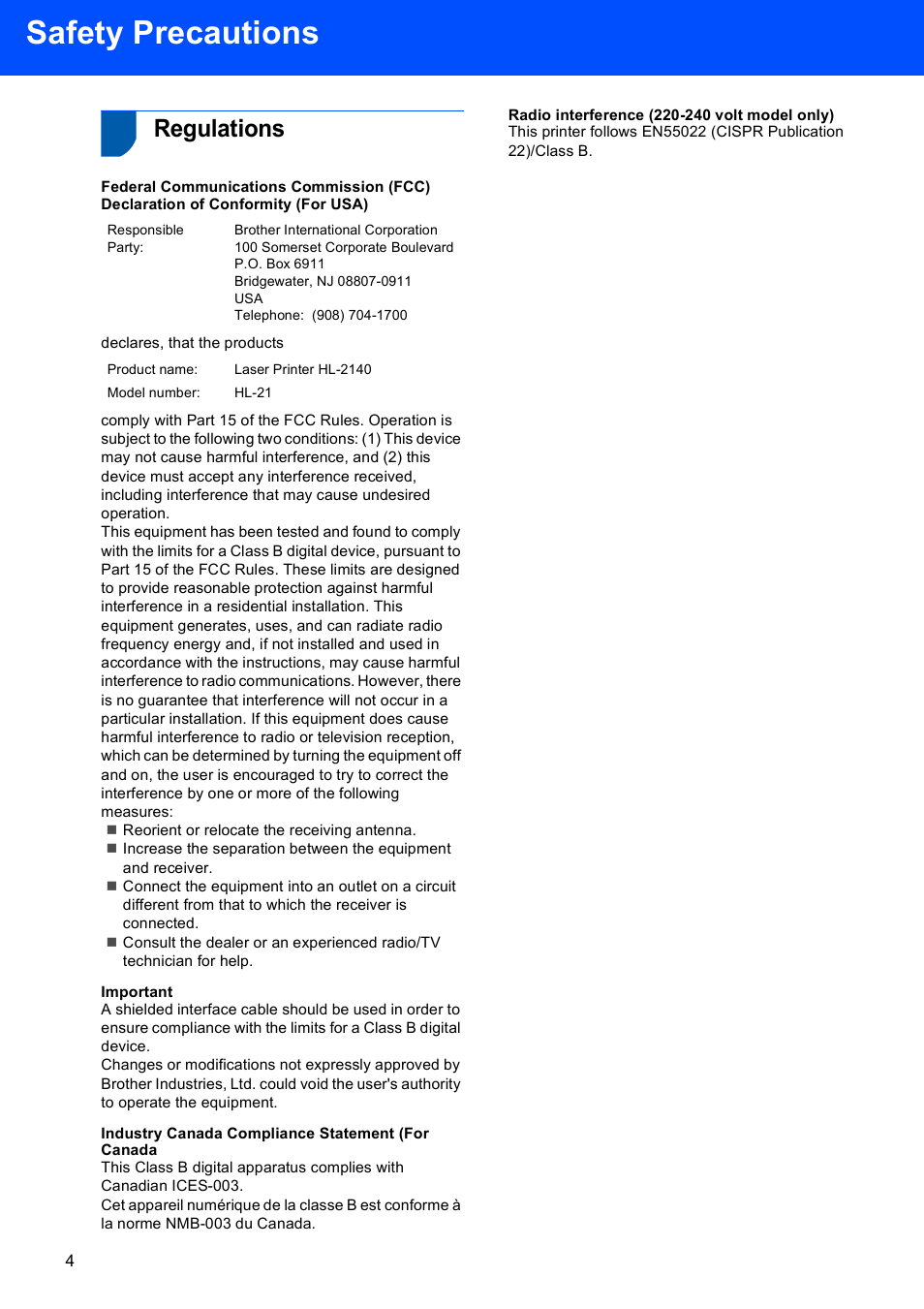 Regulations, Important, Industry canada compliance statement (for canada | Radio interference (220-240 volt model only), Safety precautions | Brother HL-2140 User Manual | Page 6 / 23