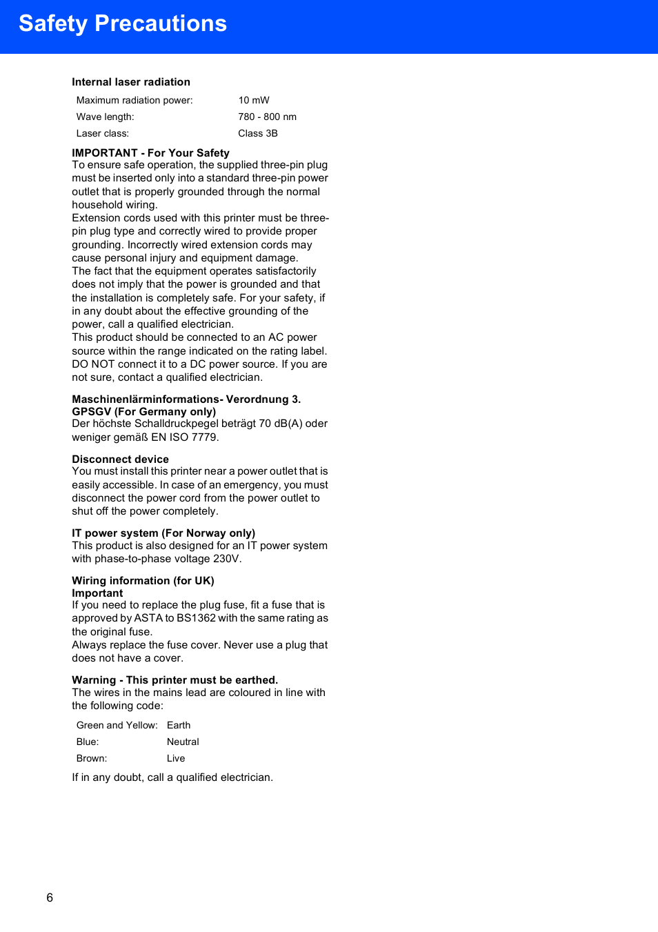 Internal laser radiation, Important - for your safety, Disconnect device | It power system (for norway only), Wiring information (for uk) important, Warning - this printer must be earthed, Safety precautions | Brother HL-2140 User Manual | Page 8 / 23