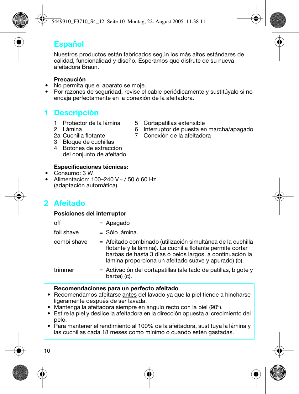 1 descripción, 2 afeitado, Español | Braun 3710 InterFace Excel User Manual | Page 10 / 40
