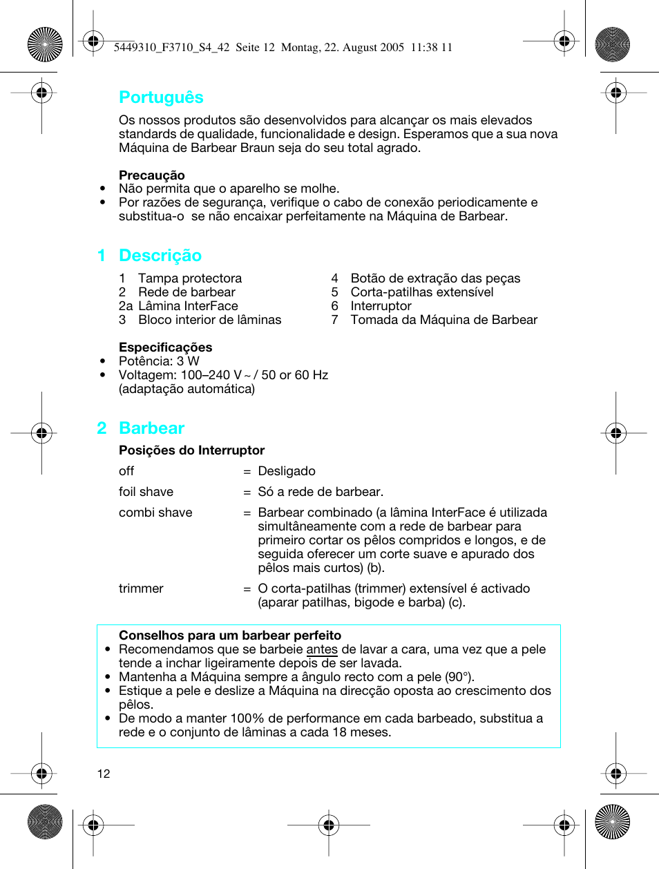 Português, 1 descrição, 2 barbear | Braun 3710 InterFace Excel User Manual | Page 12 / 40