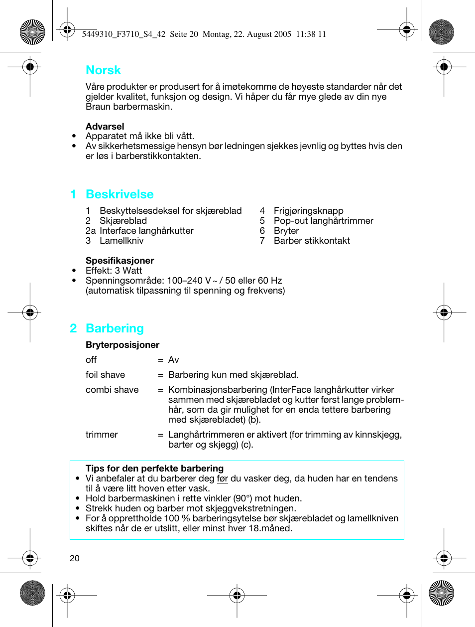 Norsk, 1 beskrivelse, 2 barbering | Braun 3710 InterFace Excel User Manual | Page 20 / 40