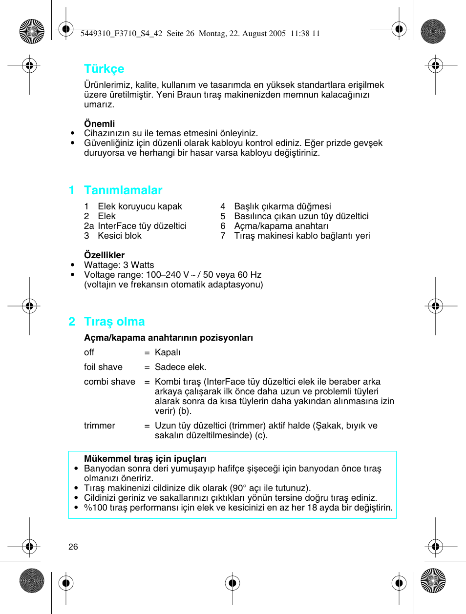 1 tan∂mlamalar, 2 t∂raµ olma, Türkçe | Braun 3710 InterFace Excel User Manual | Page 26 / 40