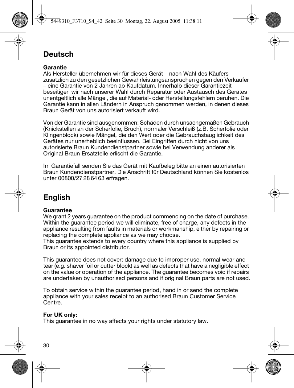 Deutsch, English | Braun 3710 InterFace Excel User Manual | Page 30 / 40