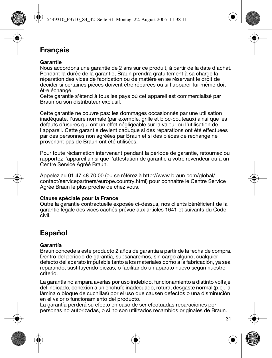 Français, Español | Braun 3710 InterFace Excel User Manual | Page 31 / 40