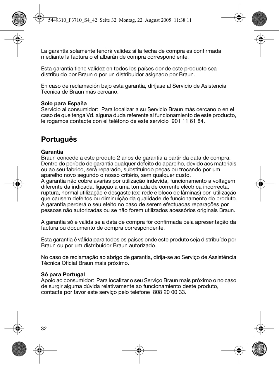 Português | Braun 3710 InterFace Excel User Manual | Page 32 / 40