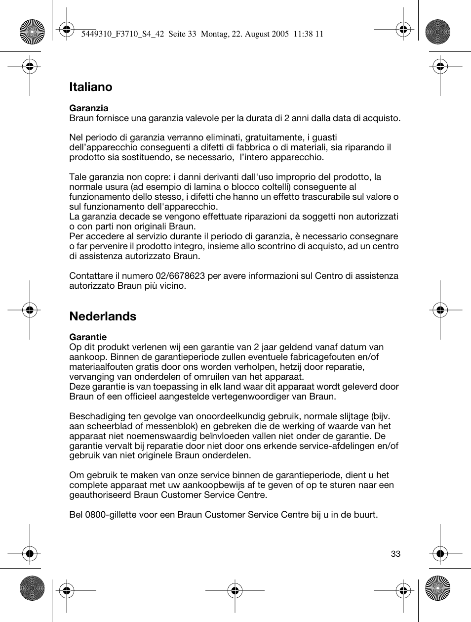 Italiano, Nederlands | Braun 3710 InterFace Excel User Manual | Page 33 / 40