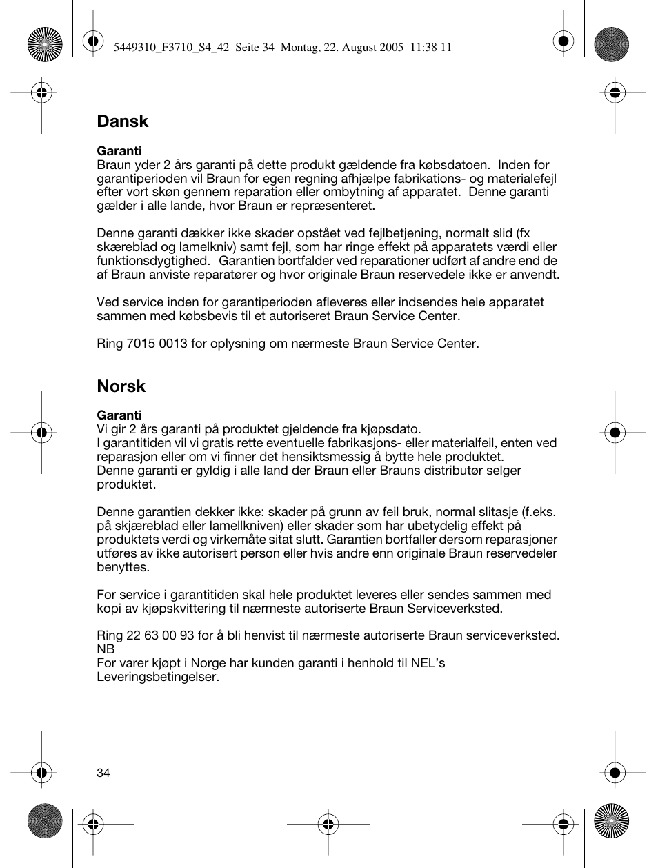 Dansk, Norsk | Braun 3710 InterFace Excel User Manual | Page 34 / 40