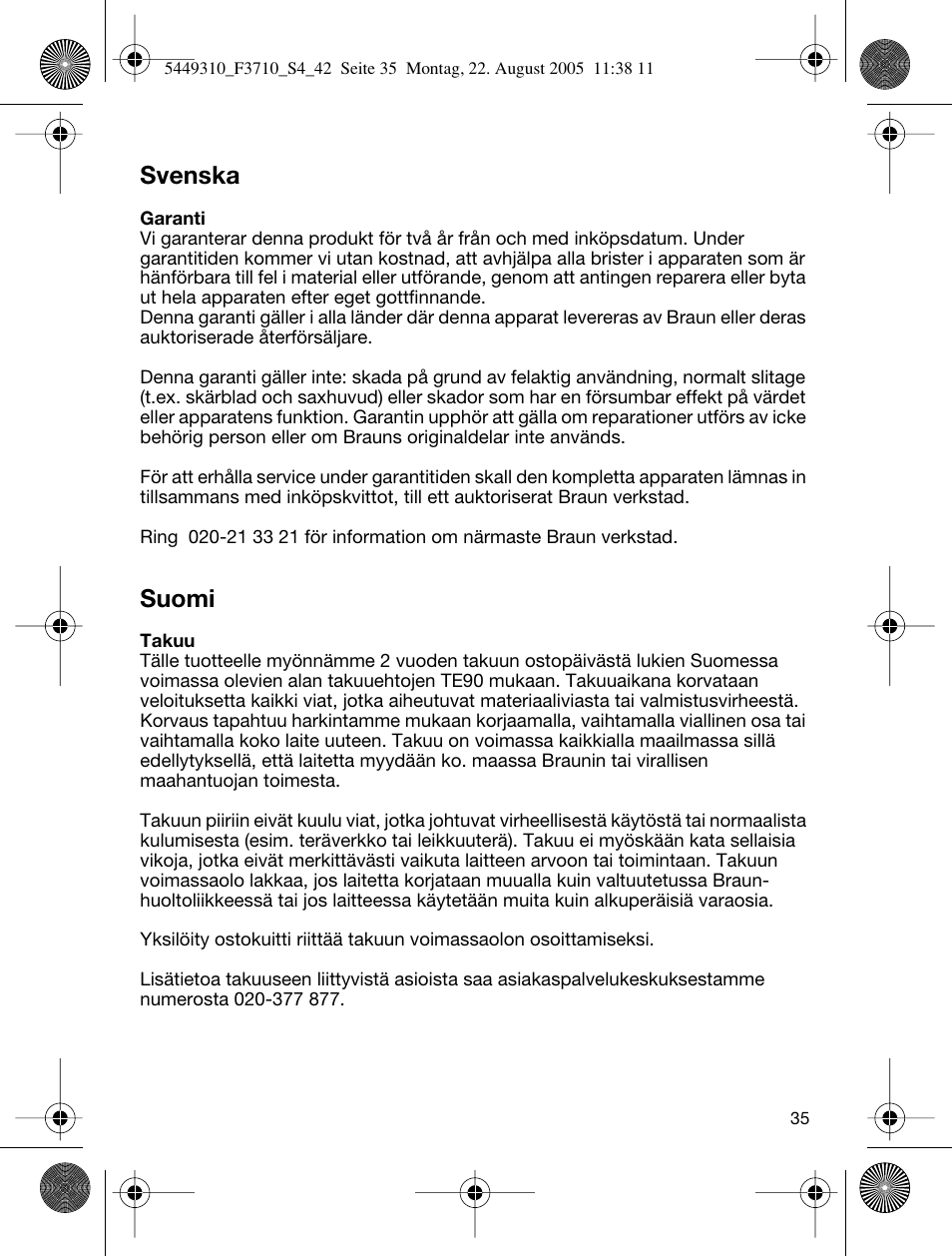 Svenska, Suomi | Braun 3710 InterFace Excel User Manual | Page 35 / 40
