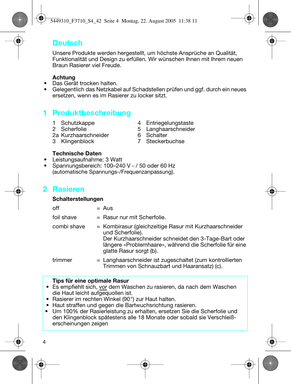 Deutsch, 1 produktbeschreibung, 2 rasieren | Braun 3710 InterFace Excel User Manual | Page 4 / 40
