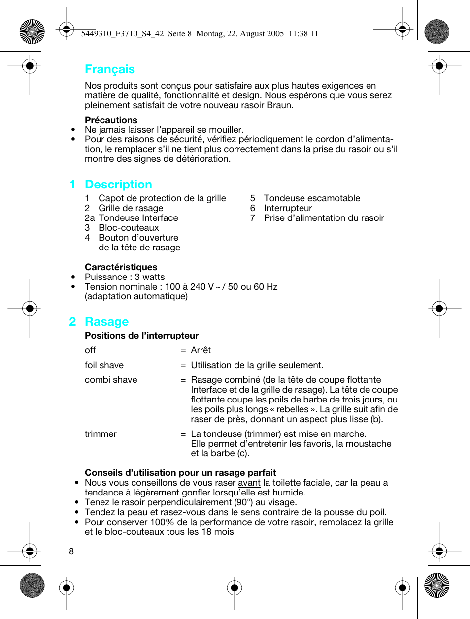 Français, 1 description, 2 rasage | Braun 3710 InterFace Excel User Manual | Page 8 / 40