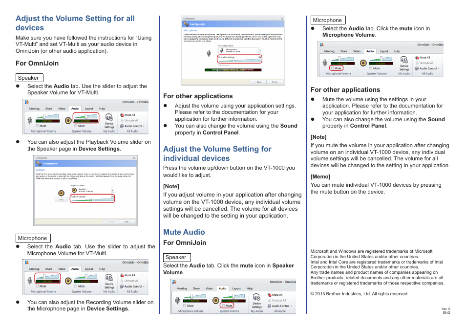 Adjust the volume setting for all devices, Adjust the volume setting for individual devices, Mute audio | Brother VT-1000 User Manual | Page 2 / 2