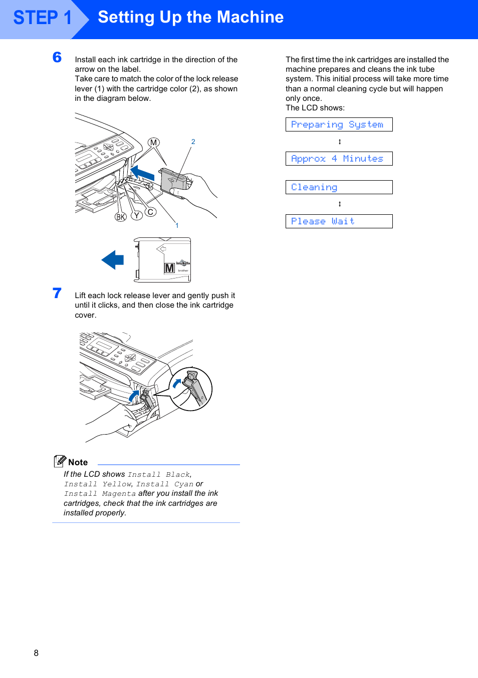 Step 1, Setting up the machine, Preparing system | Approx 4 minutes, Cleaning, Please wait | Brother MFC-230C User Manual | Page 10 / 28