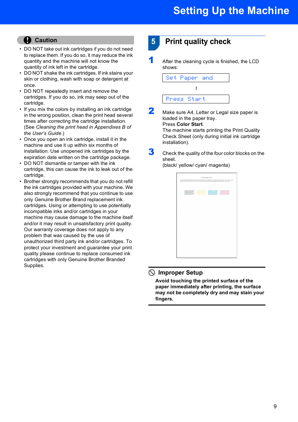 5 print quality check, Print quality check, Setting up the machine | 5print quality check, Set paper and, Press start | Brother MFC-230C User Manual | Page 11 / 28