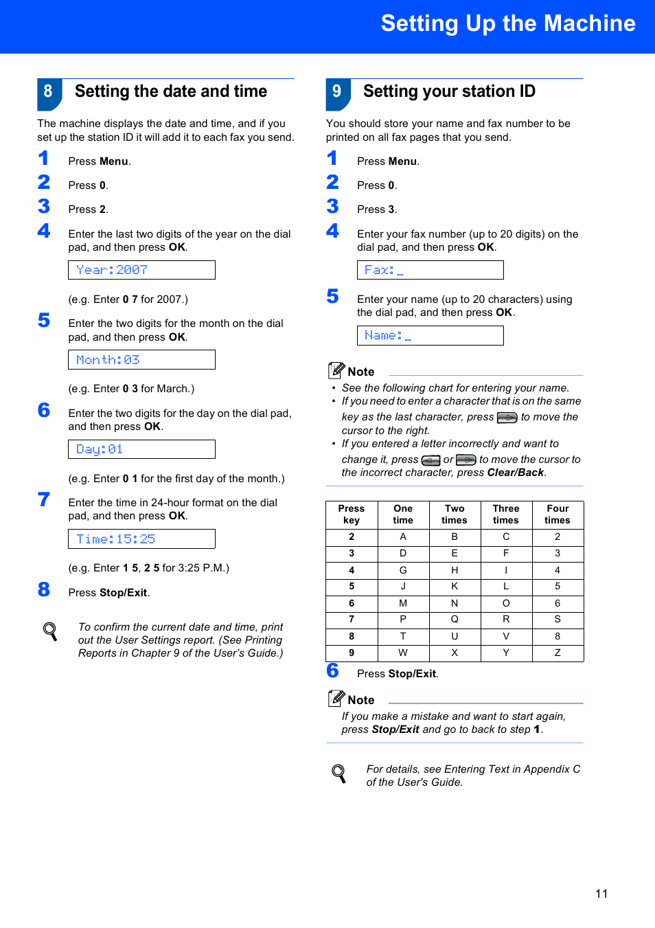 8 setting the date and time, 9 setting your station id, Setting the date and time setting your station id | Setting up the machine, 8setting the date and time, 9setting your station id, Year:2007, Month:03, Day:01, Time:15:25 | Brother MFC-230C User Manual | Page 13 / 28