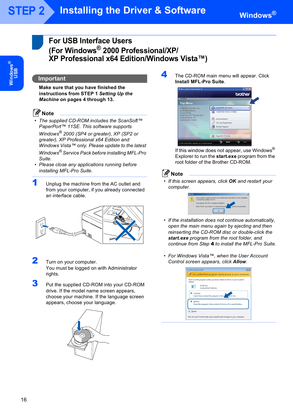 Windows, For usb interface users (for windows, For usb interface users | For windows, 2000 professional/xp, Xp professional x64 edition/windows vista™), Step 2, Installing the driver & software, Important | Brother MFC-230C User Manual | Page 18 / 28