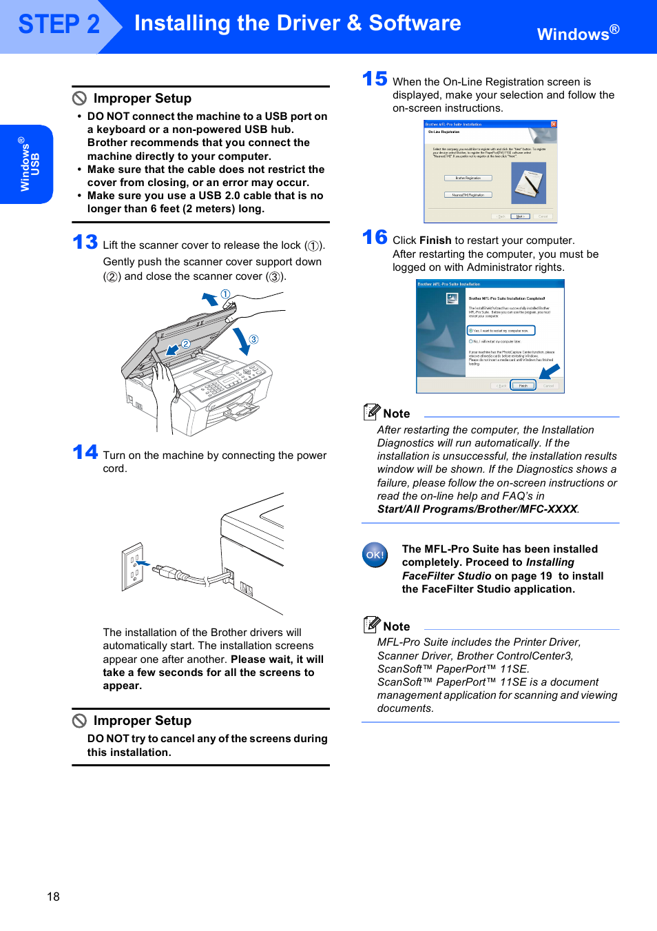 Step 2, Installing the driver & software, Windows | Improper setup | Brother MFC-230C User Manual | Page 20 / 28