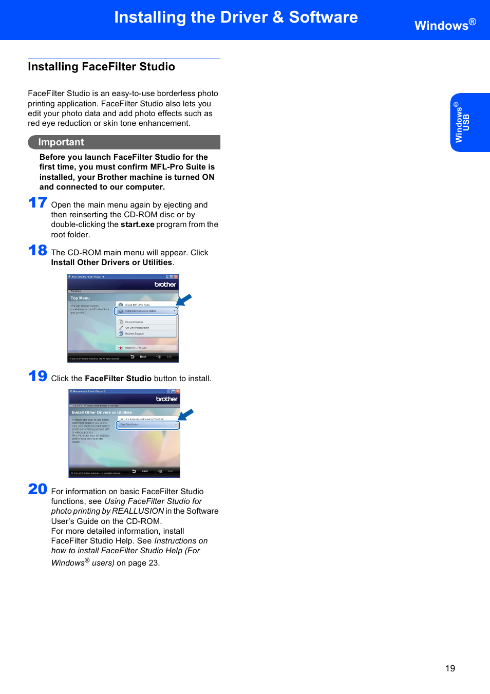 Installing facefilter studio, Installing the driver & software, Windows | Brother MFC-230C User Manual | Page 21 / 28