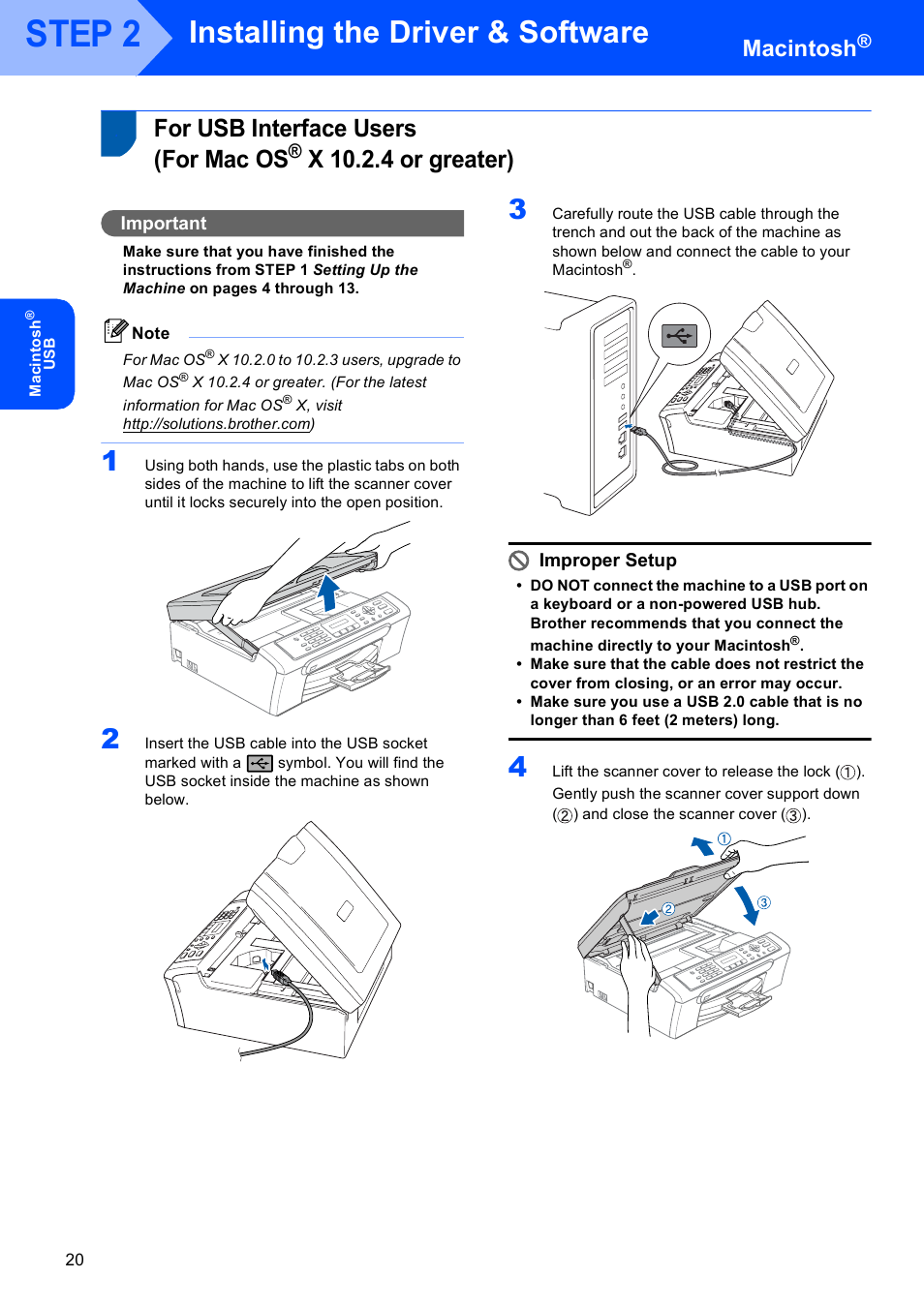 Macintosh, For usb interface users (for mac os, X 10.2.4 or greater) | For usb interface users, For mac os, Step 2, Installing the driver & software, Important, Improper setup | Brother MFC-230C User Manual | Page 22 / 28