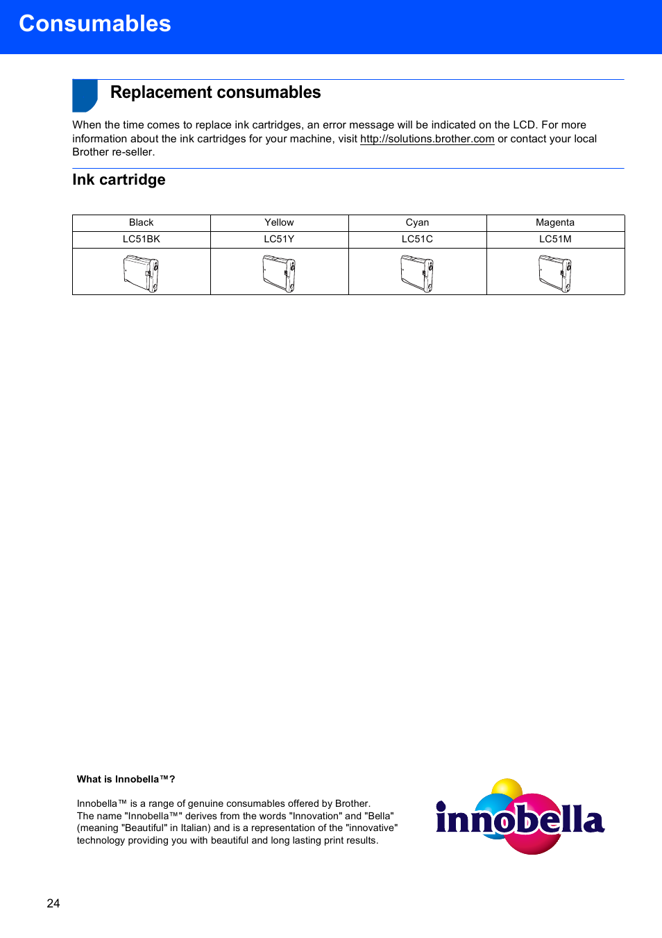 Consumables, Replacement consumables, Ink cartridge | Brother MFC-230C User Manual | Page 26 / 28