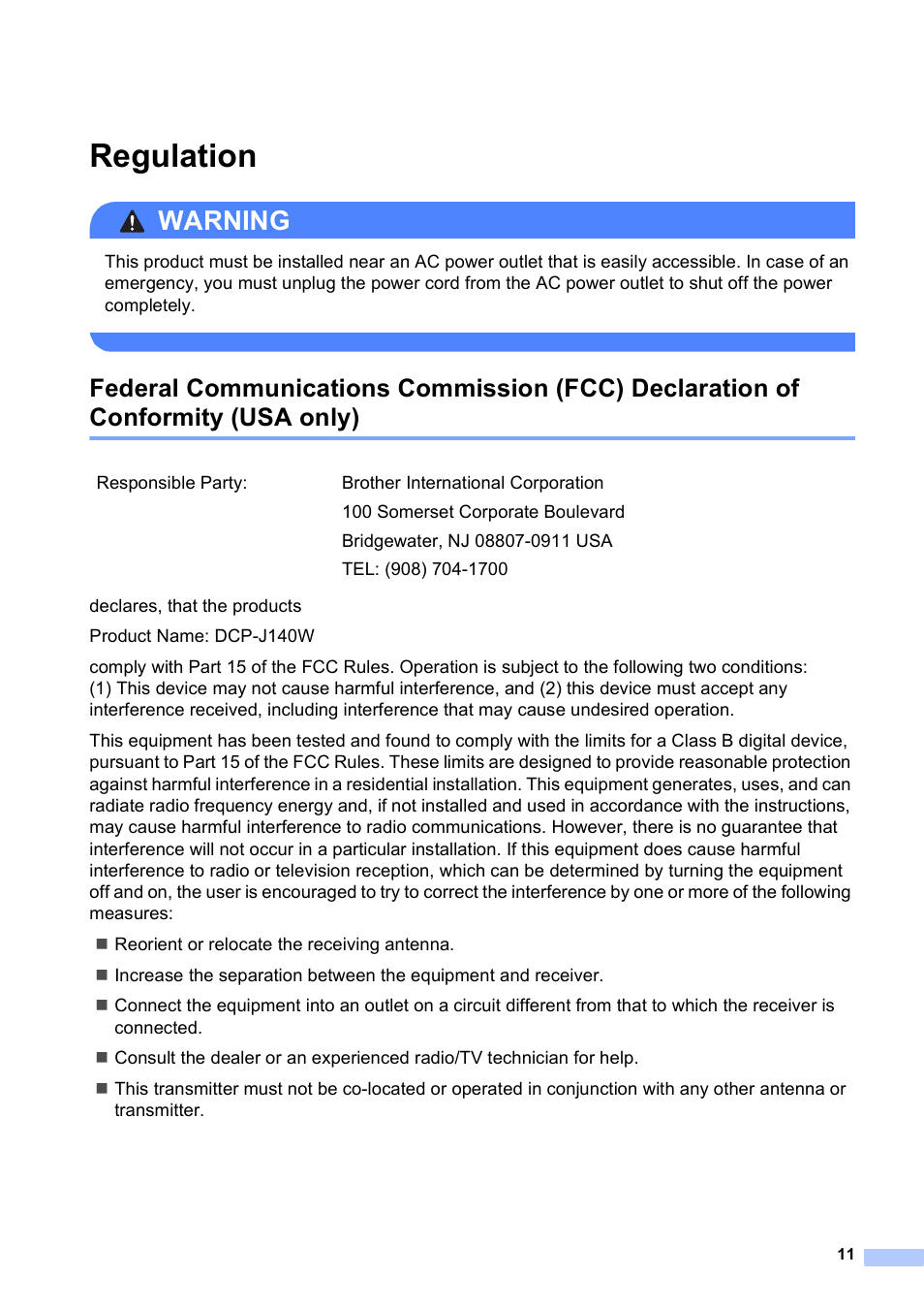 Regulation, Warning | Brother DCP-J140W User Manual | Page 11 / 15