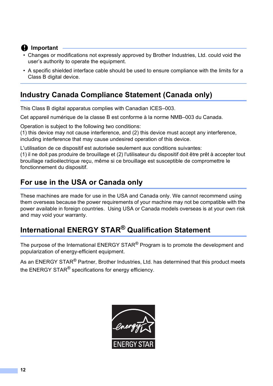Industry canada compliance statement (canada only), For use in the usa or canada only, International energy star® qualification statement | International energy star, Qualification statement, Important | Brother DCP-J140W User Manual | Page 12 / 15
