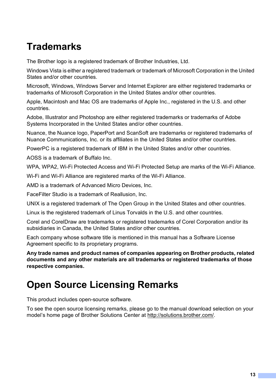 Trademarks, Open source licensing remarks | Brother DCP-J140W User Manual | Page 13 / 15