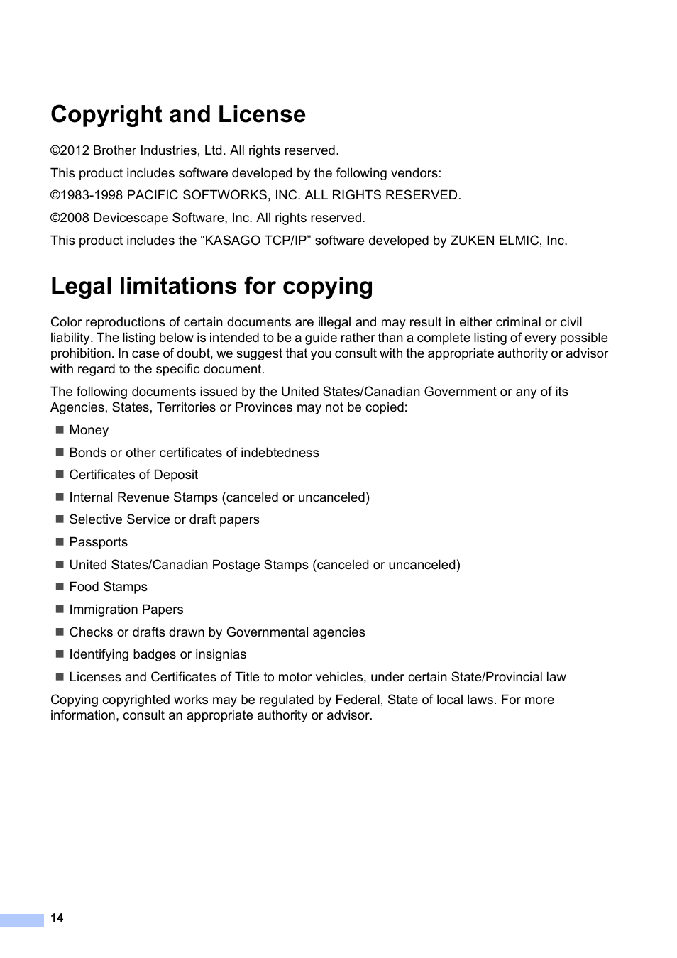Copyright and license, Legal limitations for copying | Brother DCP-J140W User Manual | Page 14 / 15
