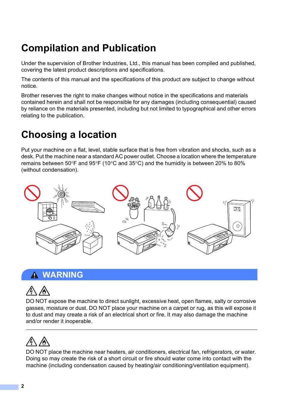 Compilation and publication, Choosing a location, Warning | Brother DCP-J140W User Manual | Page 2 / 15