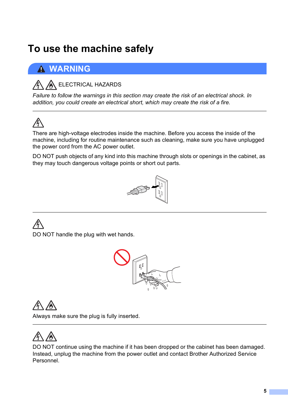 To use the machine safely, Warning, Do not handle the plug with wet hands | Always make sure the plug is fully inserted | Brother DCP-J140W User Manual | Page 5 / 15