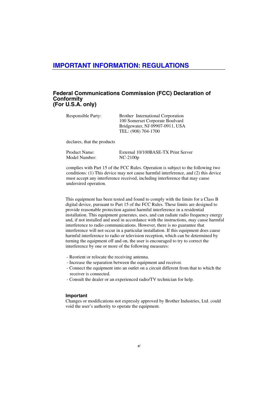 Important information: regulations | Brother NC-2100p User Manual | Page 11 / 96