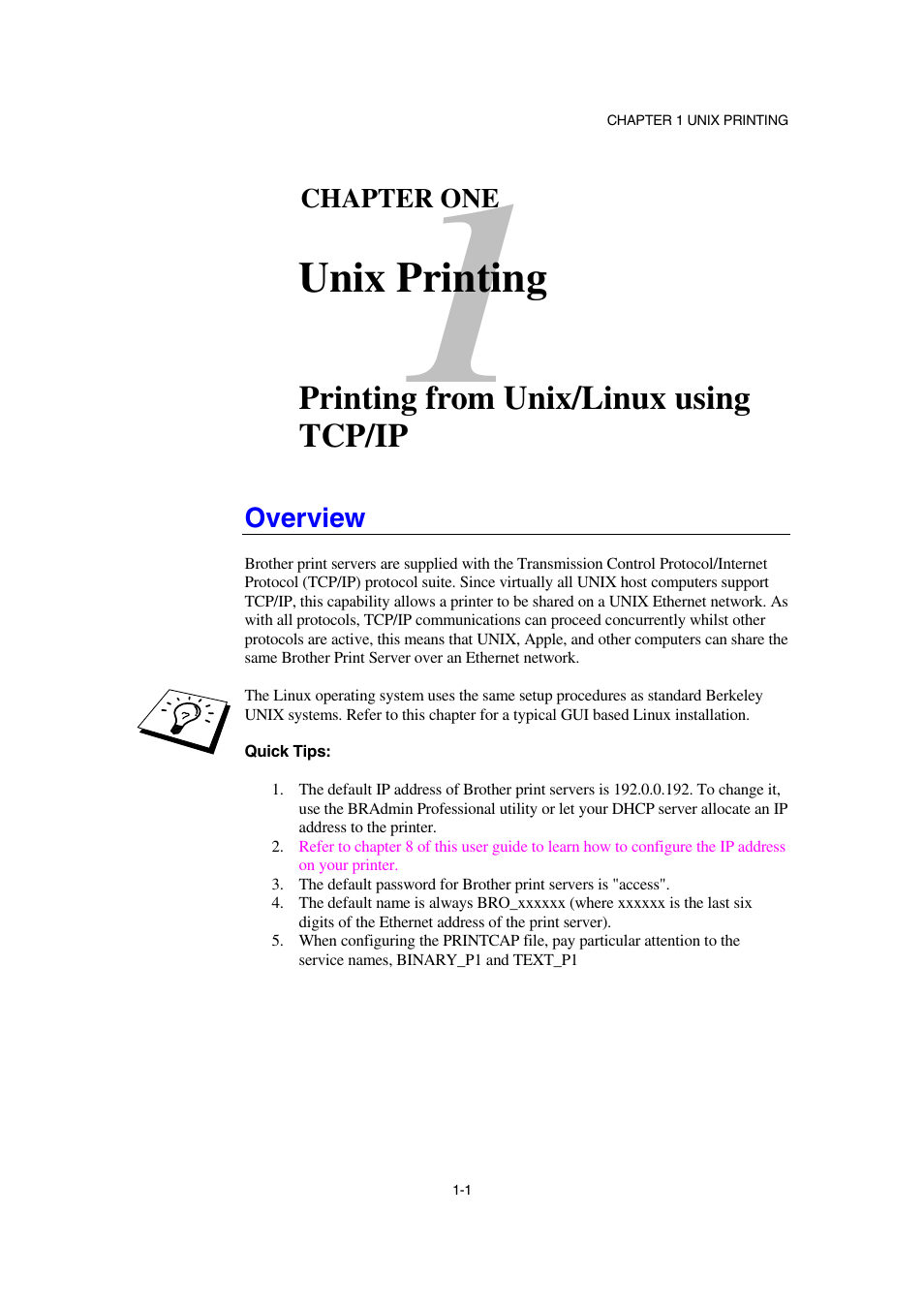 Overview, Overview 1-1, Unix printing | Brother NC-2100p User Manual | Page 13 / 96